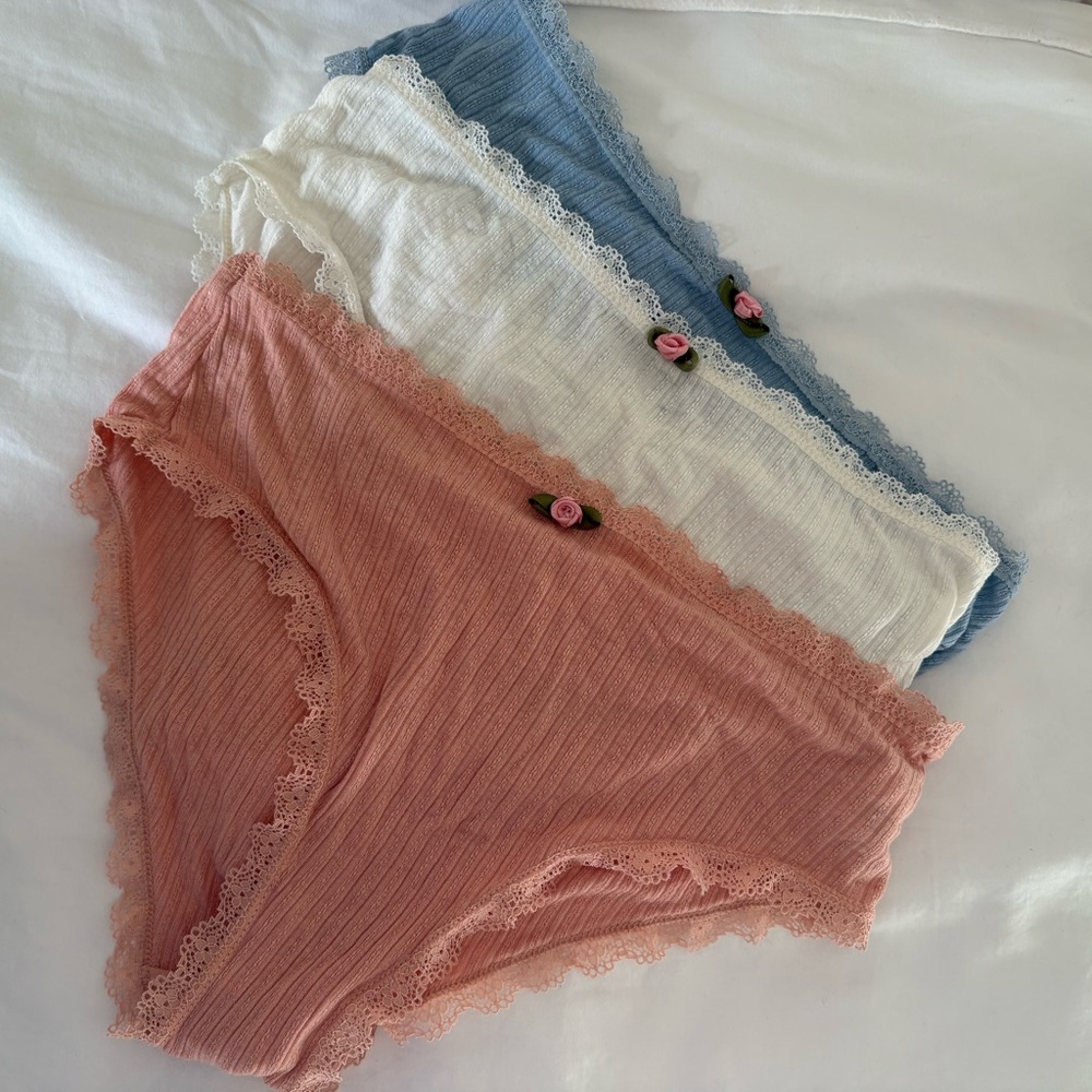 Lace Trim Ribbed Bikini Briefs - Pink, White, Blue Pack
